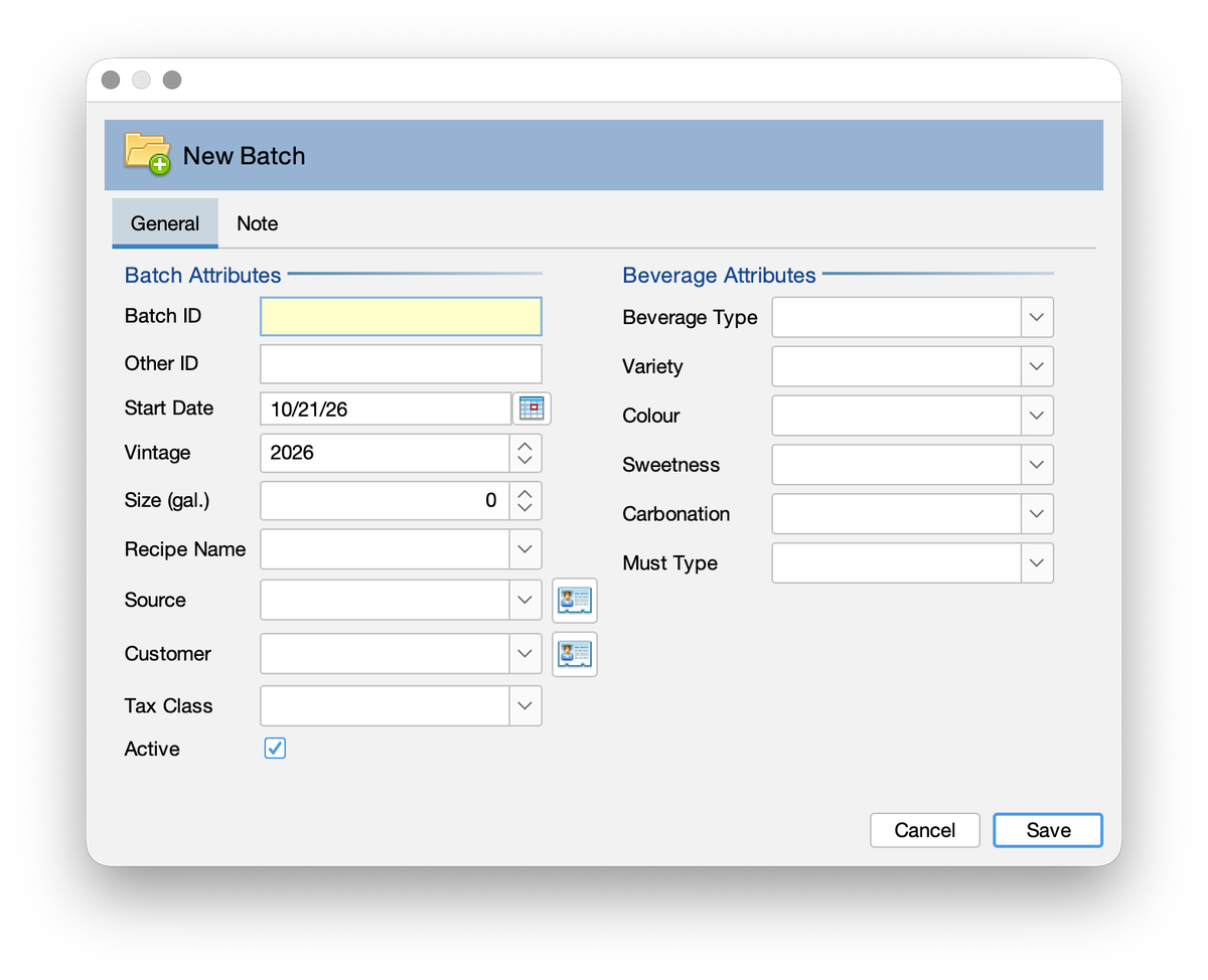 Amphora New Batch window showing batch attributes and beverage attributes