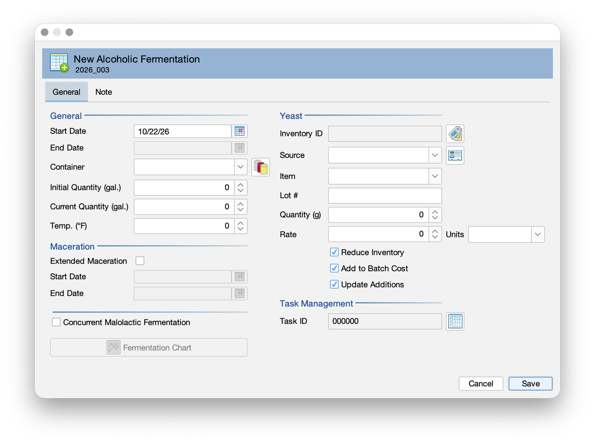 Amphora New Alcoholic Fermentation window showing general, maceration, yeast, and task management fields