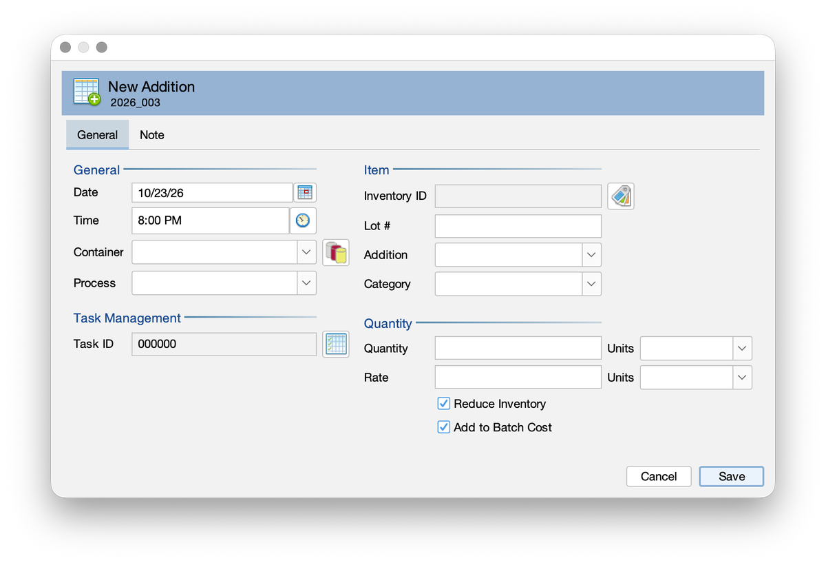 Amphora New Addition window showing general, item, quantity, and task management fields