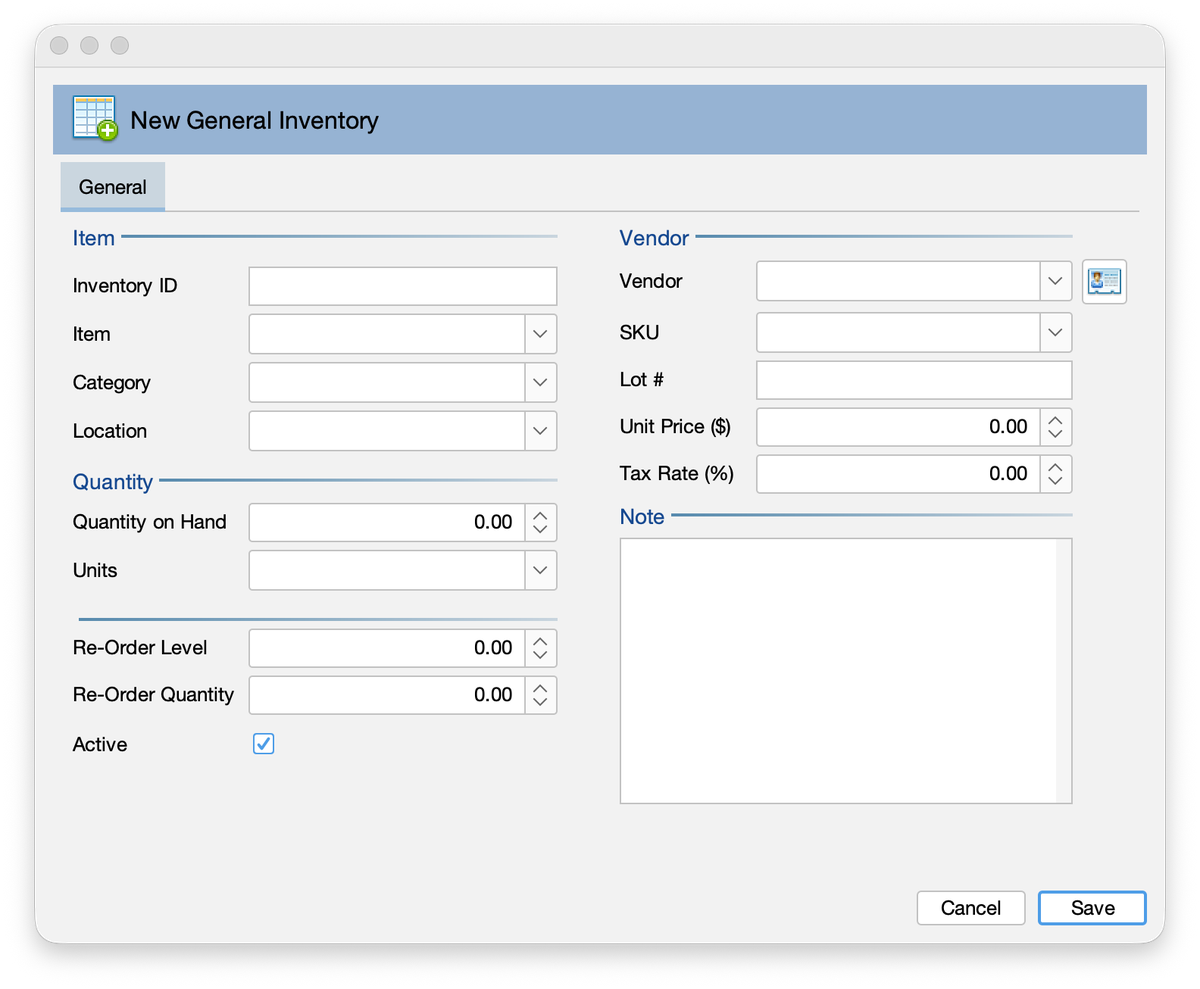 Amphora New General Inventory window showing item, quantity, vendor, and re-order fields
