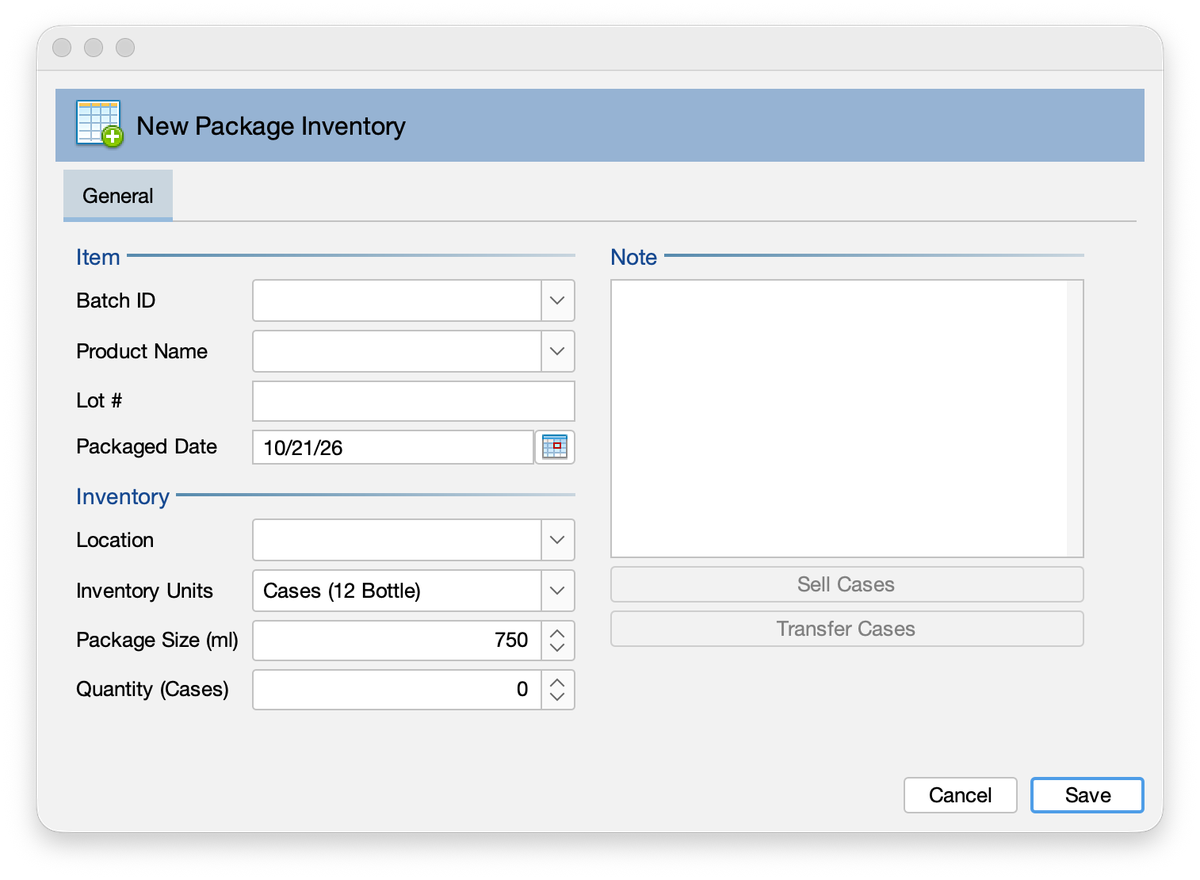 Amphora New Package Inventory window showing batch, product, lot, packaged date, and case quantity fields