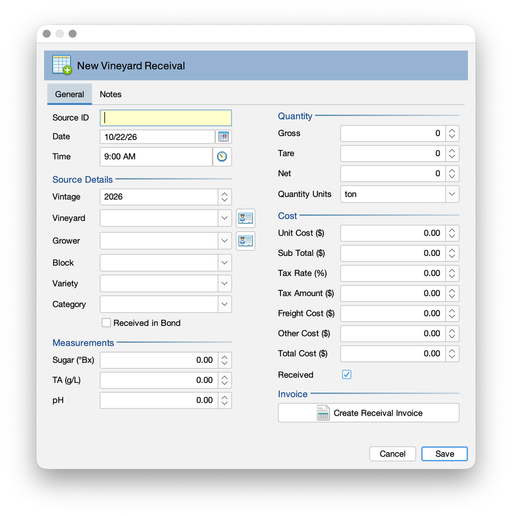 Amphora New Vineyard Receival window showing source details, measurements, quantity, and cost fields, with a Create Receival Invoice button